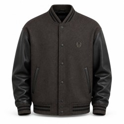 Men's Charcoal Brown Wool Varsity Jacket with Black PU Sleeves, Minimalist Cut