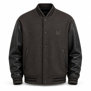 Men's Charcoal Brown Wool Varsity Jacket with Black PU Sleeves, Minimalist Cut
