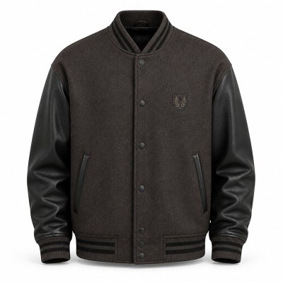 Men's Charcoal Brown Wool Varsity Jacket with Black PU Sleeves, Minimalist Cut