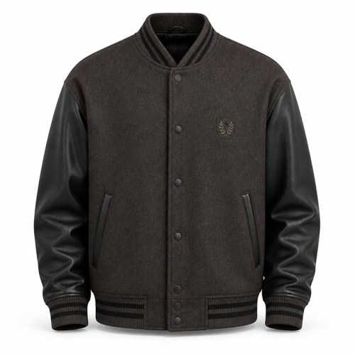 Men's Charcoal Brown Wool Varsity Jacket with Black PU Sleeves, Minimalist Cut