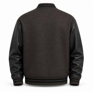 Men's Charcoal Brown Wool Varsity Jacket with Black PU Sleeves, Minimalist Cut