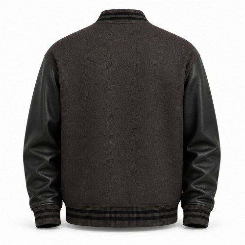 Men's Charcoal Brown Wool Varsity Jacket with Black PU Sleeves, Minimalist Cut