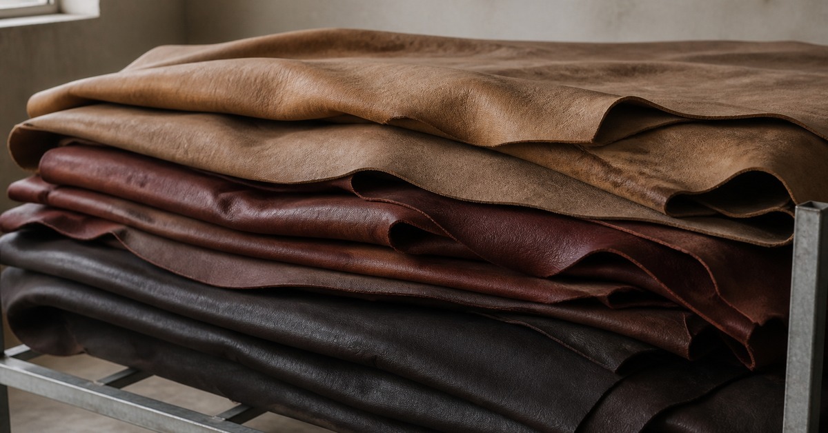 Stacked natural bovine hides in tan and dark brown drying on an industrial tannery rack for a leather jacket article