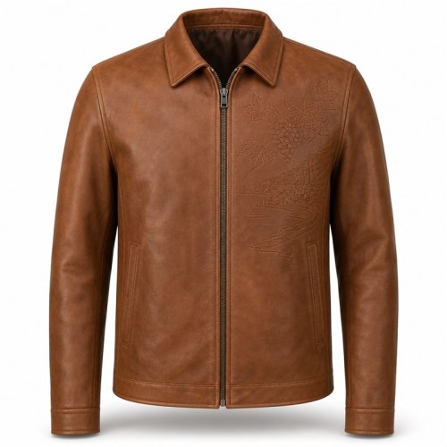 Men's Caramel Goat Leather Jacket, Tonal Embossed Commuter Style
