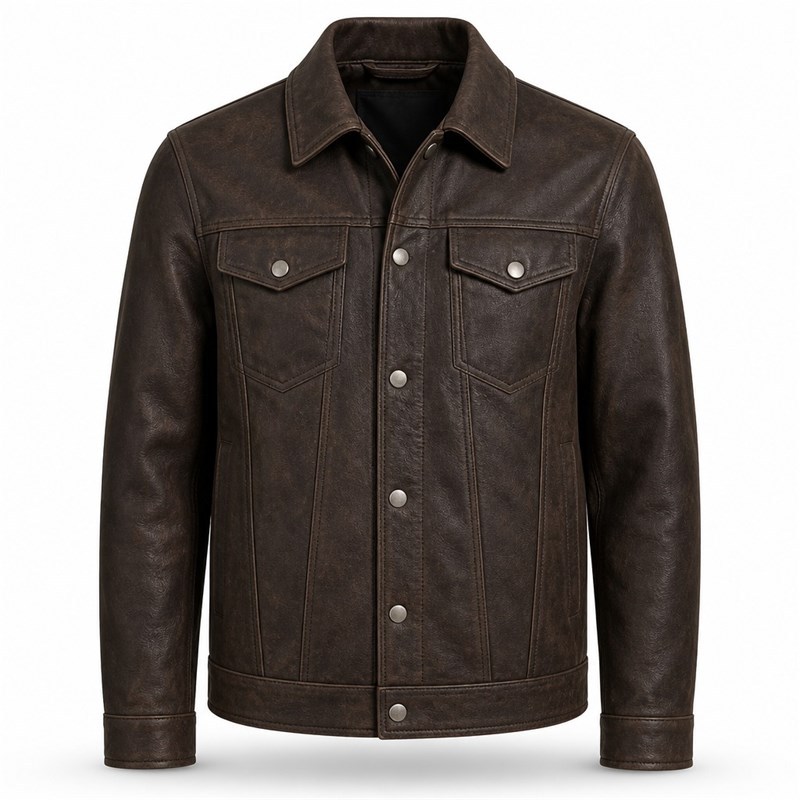 Men's Mocha Leather Jacket with Vine Embroidery, French Artisan Style