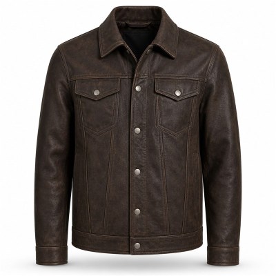 Men's Mocha Leather Jacket with Vine Embroidery, French Artisan Style