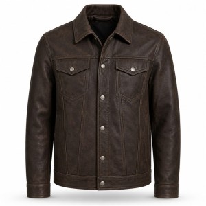 Men's Mocha Leather Jacket with Vine Embroidery, French Artisan Style