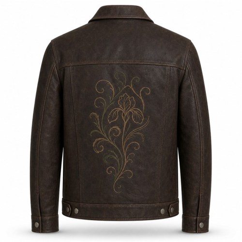 Men's Mocha Leather Jacket with Vine Embroidery, French Artisan Style