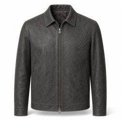 Men's Charcoal Goat Leather Jacket with Debossed Detail, French Cut