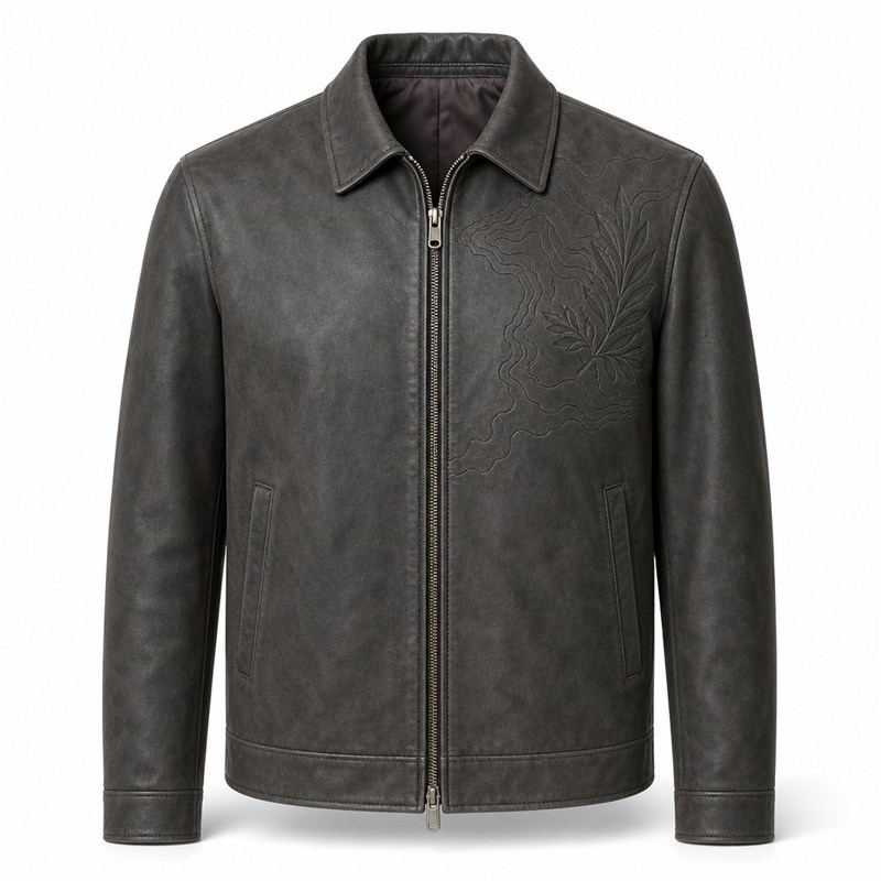 Men's Charcoal Goat Leather Jacket with Debossed Detail, French Cut