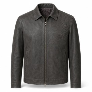 Men's Charcoal Goat Leather Jacket with Debossed Detail, French Cut