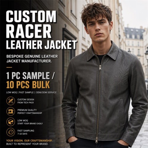 Men's Charcoal Goat Leather Jacket with Debossed Detail, French Cut