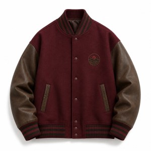 Men's Burgundy and Mocha Varsity Jacket with Badge, Plain Letterman Cut