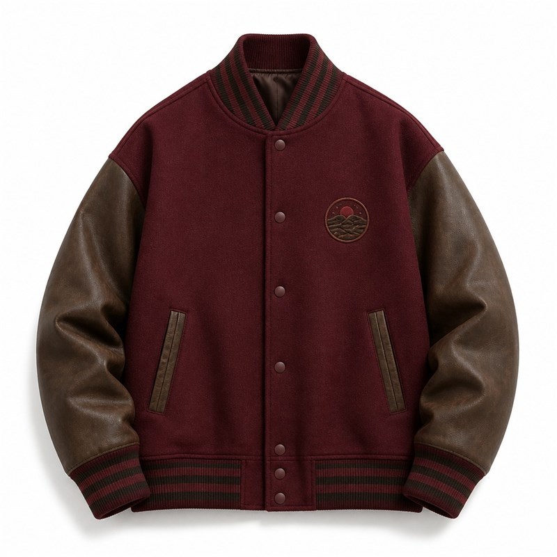 Men's Burgundy and Mocha Varsity Jacket with Badge, Plain Letterman Cut