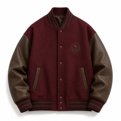 Men's Burgundy and Mocha Varsity Jacket with Badge, Plain Letterman Cut