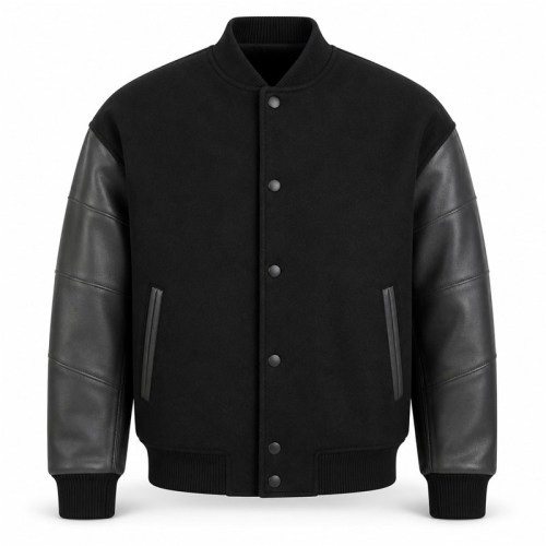 Men's Black and Charcoal Structural Varsity Jacket, Plain Letterman Build