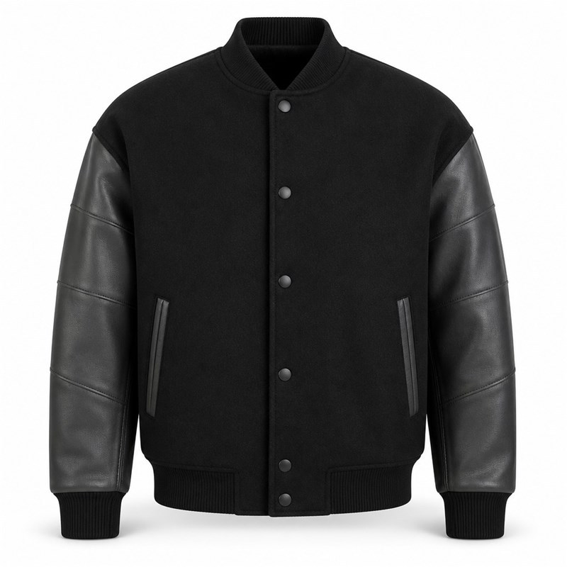 Men's Black and Charcoal Structural Varsity Jacket, Plain Letterman Build
