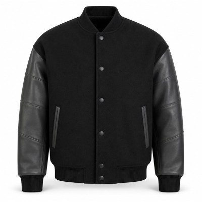 Men's Black and Charcoal Structural Varsity Jacket, Plain Letterman Build
