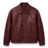 Men's Burgundy PU Leather Jacket with Street Print, Plain Casual Cut