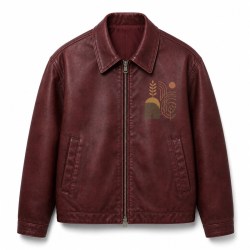 Men's Burgundy PU Leather Jacket with Street Print, Plain Casual Cut