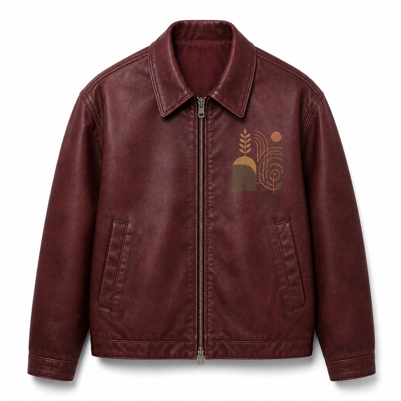 Men's Burgundy PU Leather Jacket with Street Print, Plain Casual Cut