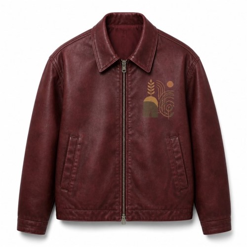Men's Burgundy PU Leather Jacket with Street Print, Plain Casual Cut