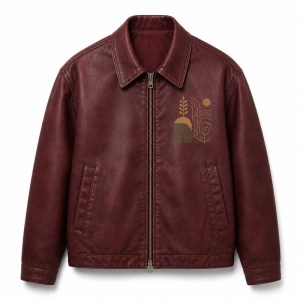 Men's Burgundy PU Leather Jacket with Street Print, Plain Casual Cut