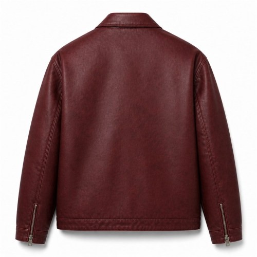 Men's Burgundy PU Leather Jacket with Street Print, Plain Casual Cut