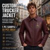 Men's Burgundy PU Leather Jacket with Street Print, Plain Casual Cut