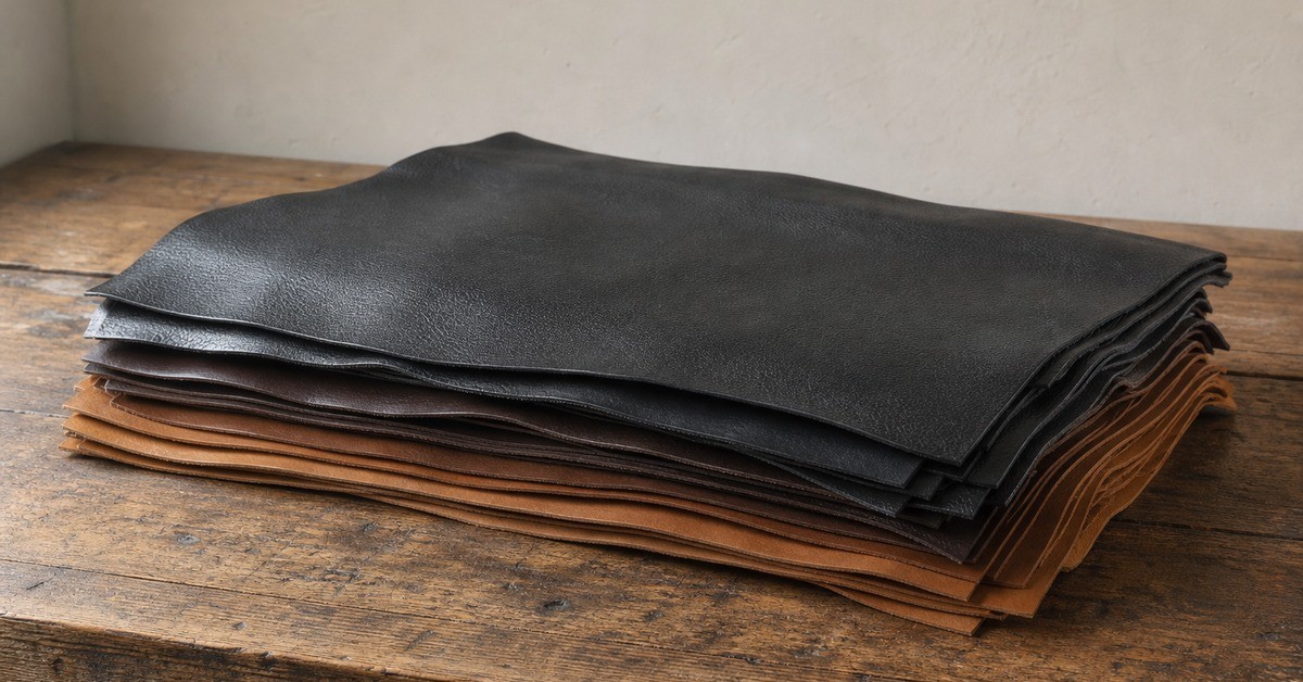 Stacked finished leather panels in black, dark brown and tan resting on a wooden workshop bench for a leather jacket article