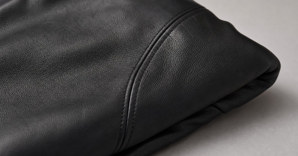 Close-up of a folded black leather jacket showing natural grain and a stitched seam for a leather jacket article