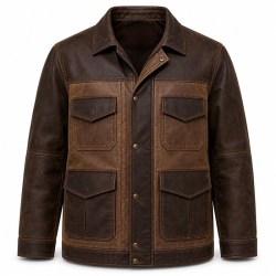 Men's Mocha Patchwork PU Leather Jacket, Safari Pocket Plain Cut