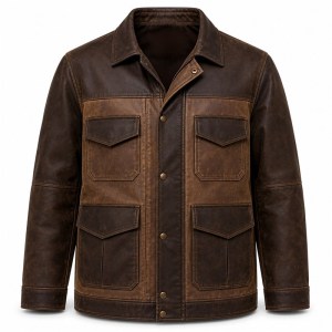 Men's Mocha Patchwork PU Leather Jacket, Safari Pocket Plain Cut