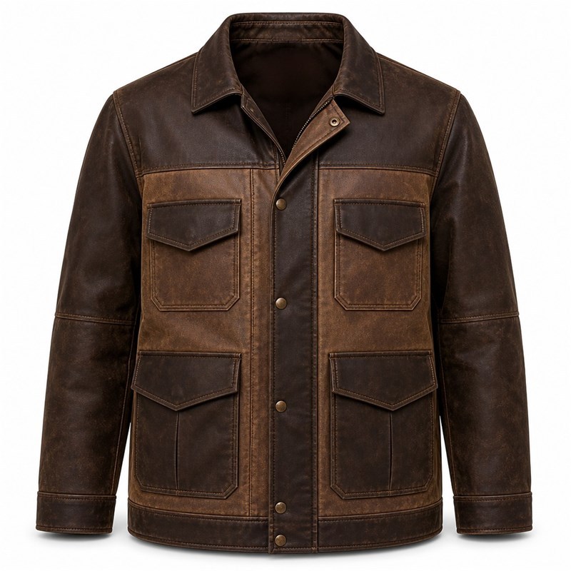 Men's Mocha Patchwork PU Leather Jacket, Safari Pocket Plain Cut