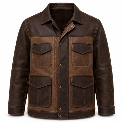 Men's Mocha Patchwork PU Leather Jacket, Safari Pocket Plain Cut