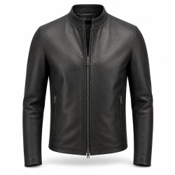 Men's Matte Black Minimalist Racer Leather Jacket, Plain Swiss Cut