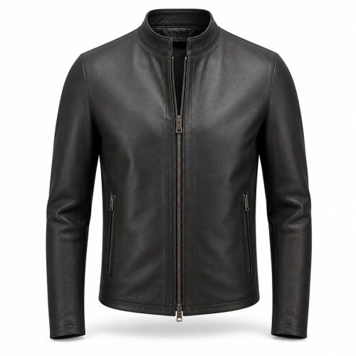 Men's Matte Black Minimalist Racer Leather Jacket, Plain Swiss Cut