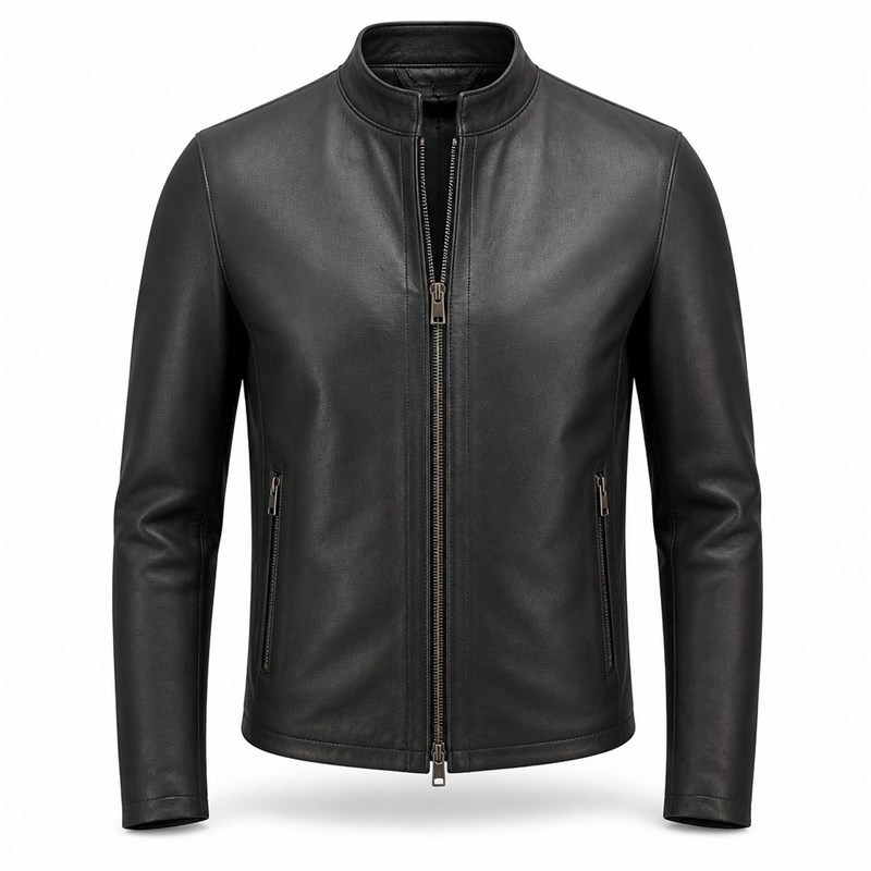 Men's Matte Black Minimalist Racer Leather Jacket, Plain Swiss Cut