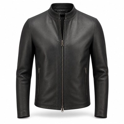 Men's Matte Black Minimalist Racer Leather Jacket, Plain Swiss Cut