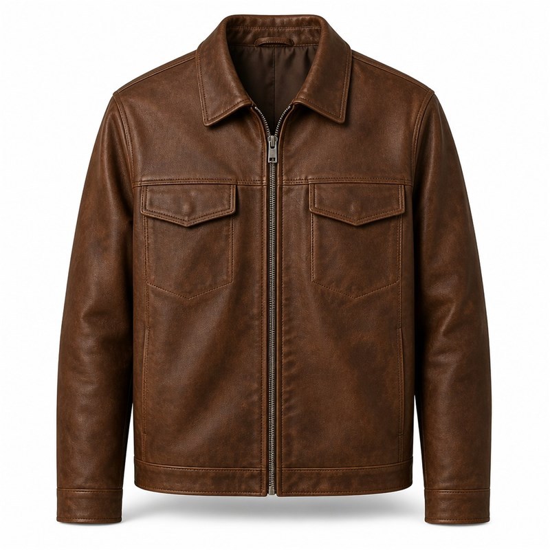 Men's Walnut Brown Leather Resort Jacket, Alpine Cut in Plain Finish