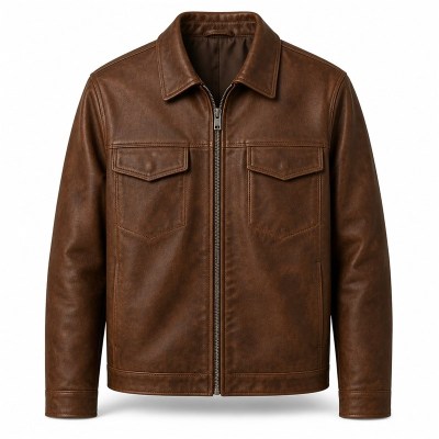 Men's Walnut Brown Leather Resort Jacket, Alpine Cut in Plain Finish