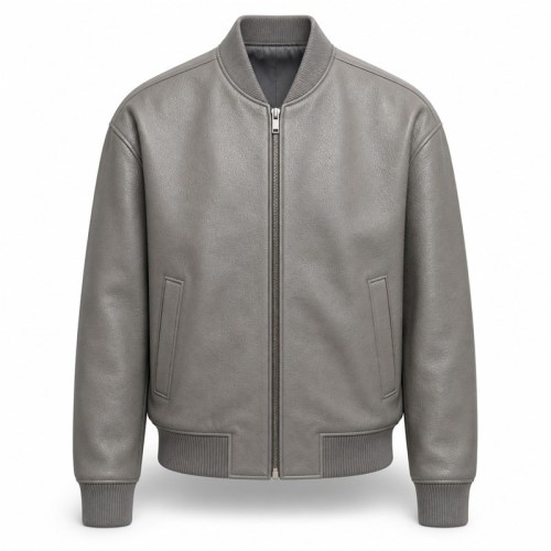 Men's Glacier Rock Grey Leather Bomber Jacket, Plain Alpine Cut