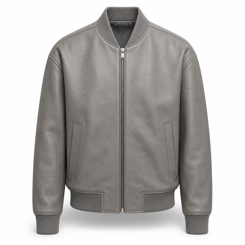 Men's Glacier Rock Grey Leather Bomber Jacket, Plain Alpine Cut
