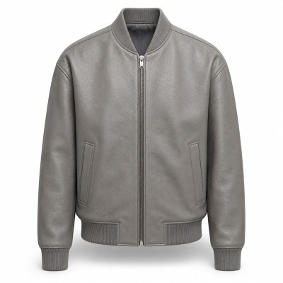 Men's Glacier Rock Grey Leather Bomber Jacket, Plain Alpine Cut