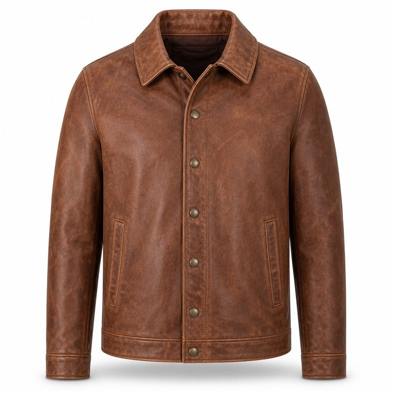 Men's Terracotta Leather Jacket, Retro Casual Cut in Gravel Grey Tone