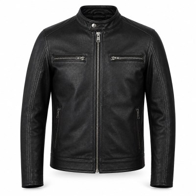 Men's Matte Black Cafe Racer Leather Jacket, Plain Dutch Cut