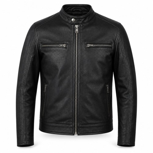 Men's Matte Black Cafe Racer Leather Jacket, Plain Dutch Cut