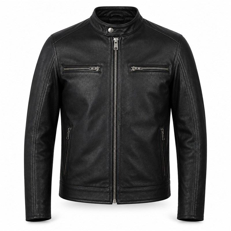 Men's Matte Black Cafe Racer Leather Jacket, Plain Dutch Cut
