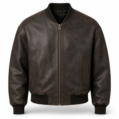 Men's Washed Charcoal Brown Leather Bomber Jacket, Dutch Cut