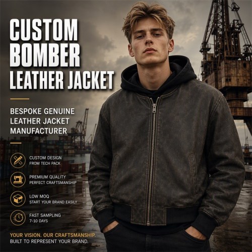 Men's Washed Charcoal Brown Leather Bomber Jacket, Dutch Cut